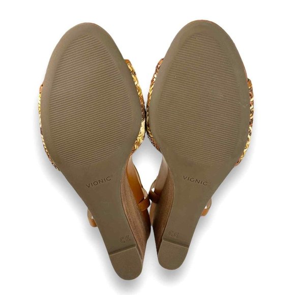 Vionic Clarita Size 10 Orthotic Strappy Brown Leather Woven T-Strap Wedge Sandal - Picture 6 of 7